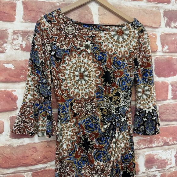 Connected Apparel Dress Women's 6 Multicolor Boho Floral Abstract Bell Sleeves - Picture 3 of 8